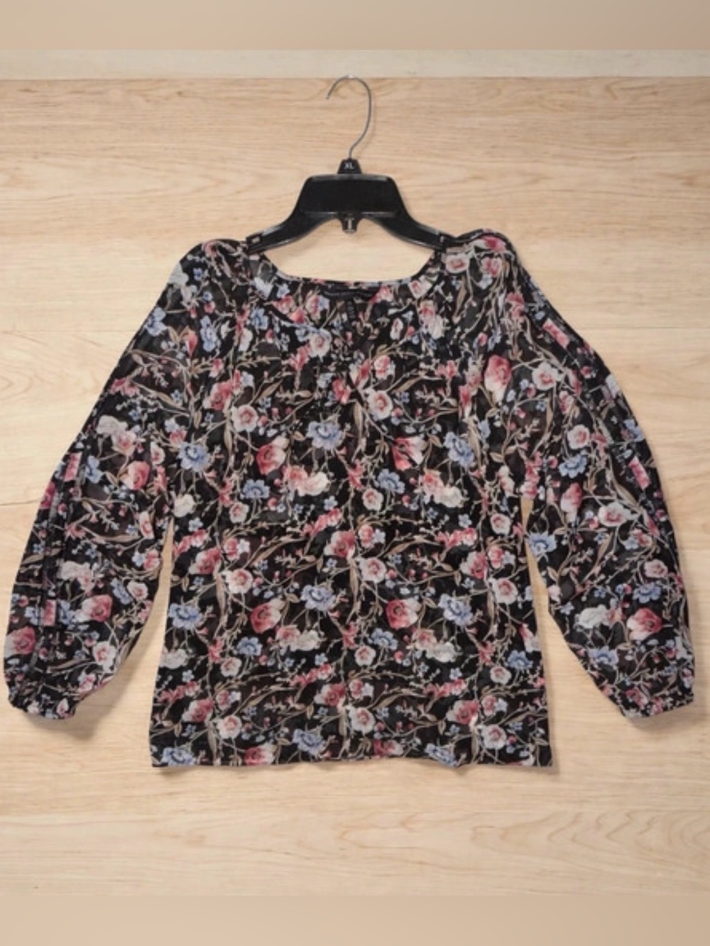 White House Black Market Black Floral Long-Sleeve Blouse